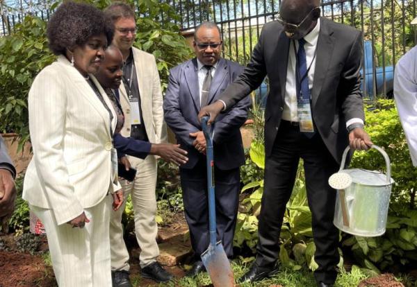 The Principal Secretary,  State Department of Basic education in the Ministry of Education Dr Belio Kipsang together with the Acting Secretary General. Kenya National Commission for UNESCO Dr James Njogu plant a tree during the official opening of the High Level Conference and workshop on Climate Change Education at Ole Sereni Hotel,Nairobi on  27th November 2023